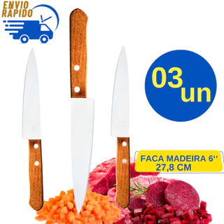 Kit 3 Faca Inox Cabo de Madeira 6 Polegadas Lâmina Inox Para Cozinha Casa Açougue Restaurante