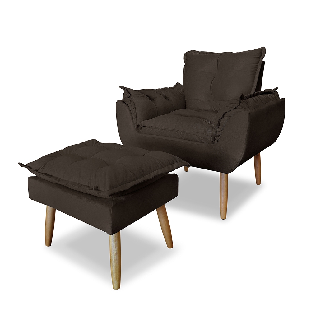 Poltrona mais puff opala para sala recpção quarto em suede marrom