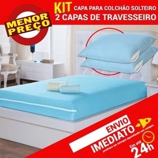 Kit Capa Protetor Colchão Solteiro + 2 Capas Travesseiro Antiácaro c/ Zíper Proteção Total