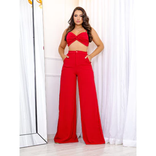 Conjunto Calça Pantalona com Bolso, Cintura Alta e Cropped Alça - Conjunto Dunas