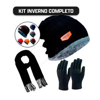Kit Touca de Lã Forrada + Luva + Cachecol Preto Adulto