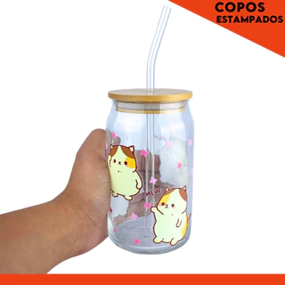 Copo De Vidro Com Tampa De Bambu Hermético "Gatos 1" Com Canudo - Mazzal