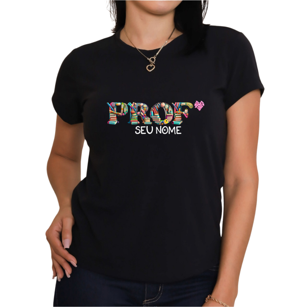Blusa preta feminina camiseta professora com nome personalizada escola uniforme camisa plus size