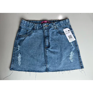 Saia Jeans corte a Fio destroyed cintura alta com detalhes no bolso