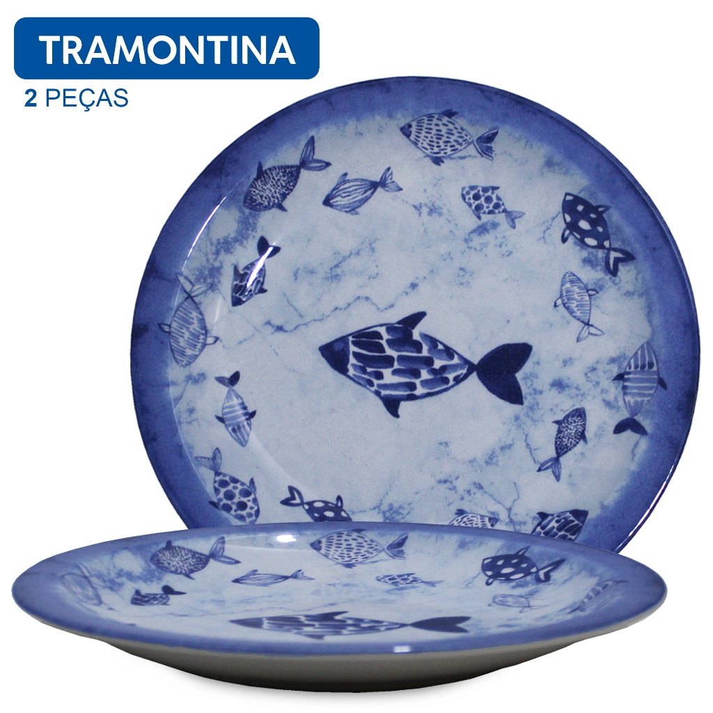 Jogo Pratos Sobremesa 21cm Tramontina Porcelana Decorada Peixes Azul