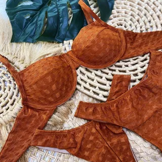 Conjunto Biquíni Meia Taça Retrô Alça Regulável Terracota, Bikíni Asa Delta