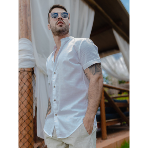 Camisa Social Masculina Slim Fit Gola Padre Manga Curta Aspecto de Linho