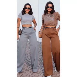 Calça Social Feminina Pantalona Alfaiataria Com Cinto