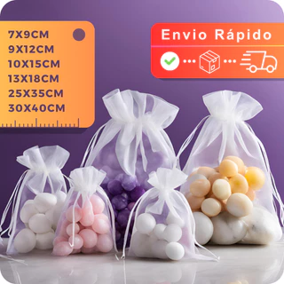Saquinhos de Organza Tamanho 7x9/9x12/10x15/13x18/25x35/30x40cm com 10/20/50/100 Unidades Tule Branco Festa Casamento