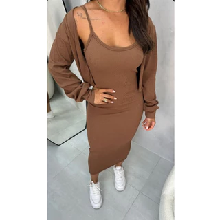 Conjunto Feminino Vestido com Alça Midi Com Casaco Canelado Anarruga Outono Inverno Modela no Corpo
