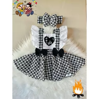 Jardineira Saia Xadrez Coração Preto Rosa Vermelho Romper Lançamento Arraiá Festa Junina Fazendinha Caipira Body Laço Roça Festa Bebe Moda Inafantil Menina Mesversario Fantasia Fotografia
