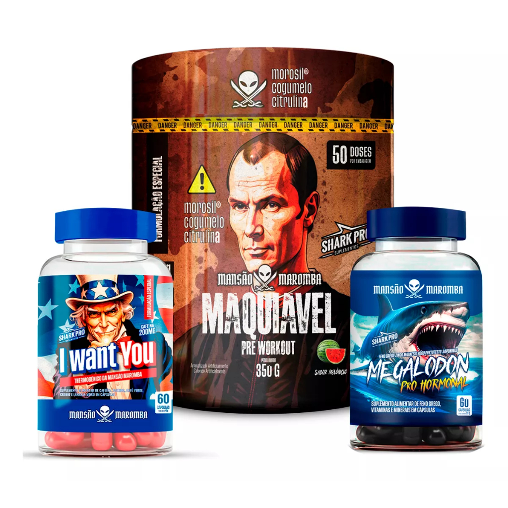Suplementos Mansão Maromba Toguro - Pré Treino Maquiavel 350g Rende 50 doses - Termogênico 60 caps - Pro Hormonal 60 caps Shark Pro
