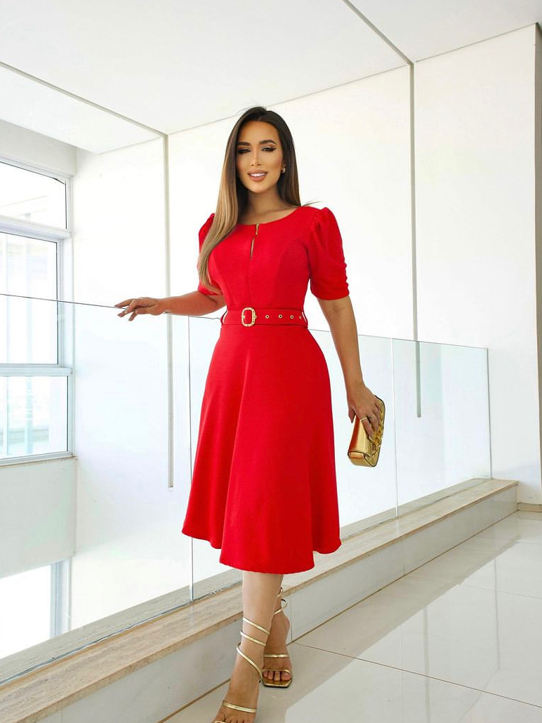 vestido midi rodado feminino gode boneca cinto ziper moda cristã