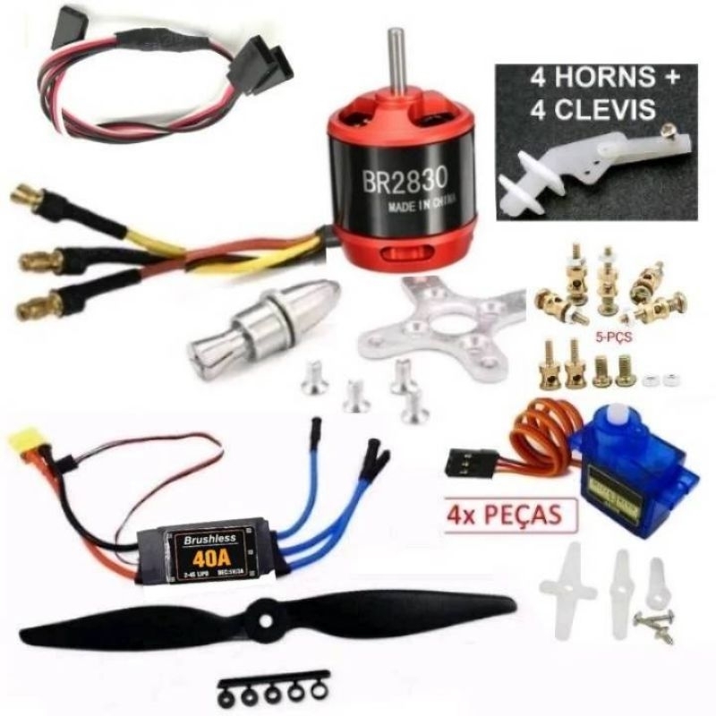 Kit Eletrônica Motor BR2830 1300KV Empuxo 1130g+Esc 40A + 4 Servos 9g P ...