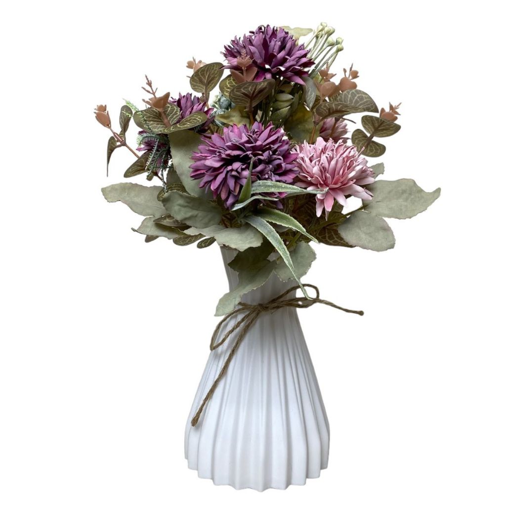 Arranjo Decorativo Flor Artificial Buquê Crisântemo Com Vaso Plástico