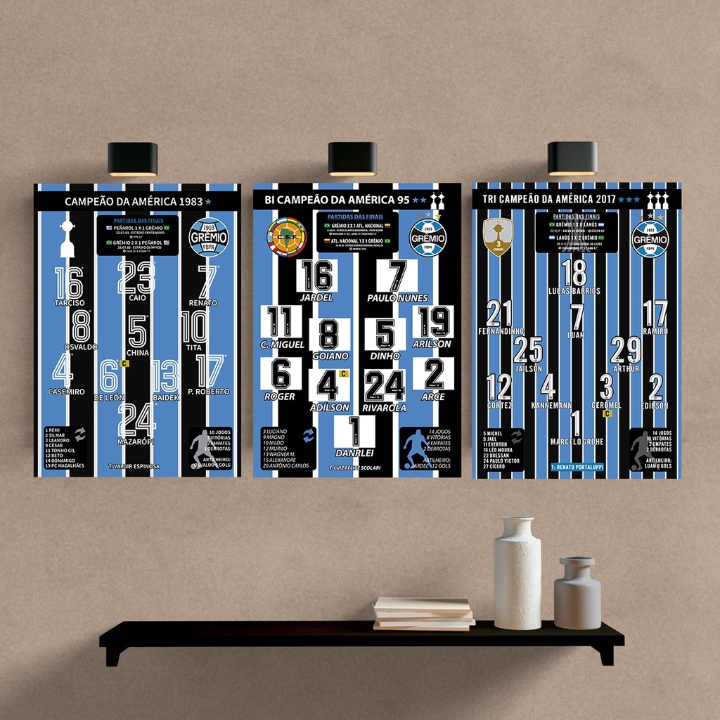 Grêmio Foot-Ball Porto Alegrense Tricampeão da Libertadores 83, 95, 2017, Kit 3 Placas Decorativas MDF
