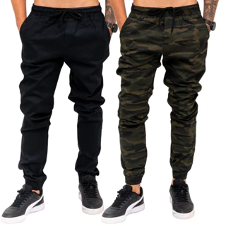 Kit 2 Calça Jogger Jeans Preto Camuflado Sarja Punho Elástico Masculino