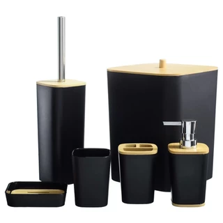 Kit Para Banheiro Bambu Porta Sabonete Escova Lixeira Escova Vaso Conjunto 6 Peças