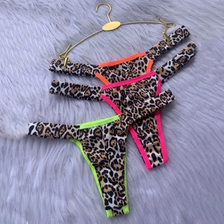 Kit 4 Tangas Em Microfibra Estampada Animal Print com Neon Calcinha Fio Duplo