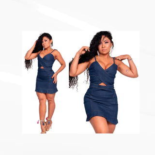 Kit 2 Vestido Jeans Feminino Com Elastano Vestido De festa Cor Escura jeans Azul Escuro