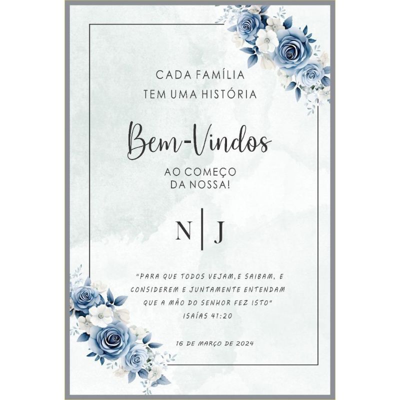 Placa Quadro Casamento Bem Vindos Flores Azul Moderna Personalizada