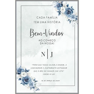 Placa Quadro Casamento Bem Vindos Flores Azul Moderna Personalizada