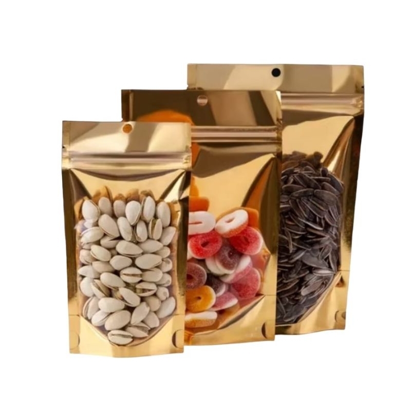 Saco Stand Up Pouch Dourado Brilhante Hermético 15x23+4 cm c/ 100 unidades