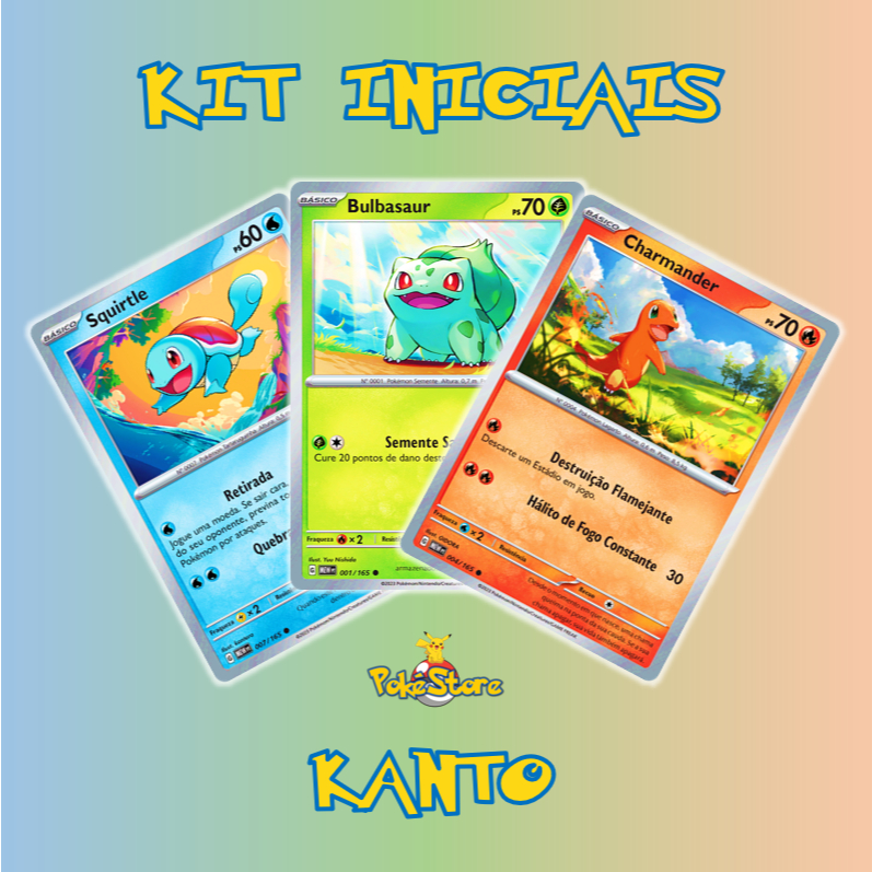 3 Cartas Pokemon Kit de Iniciais Kanto Squirtle Bulbasaur