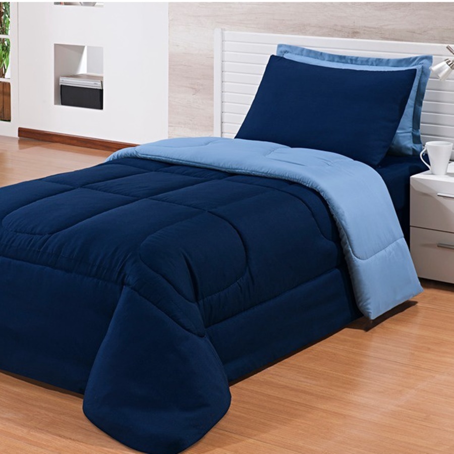 Edredom Solteiro Box Dupla Face Marinho/Azul bb Com 2 Fronhas