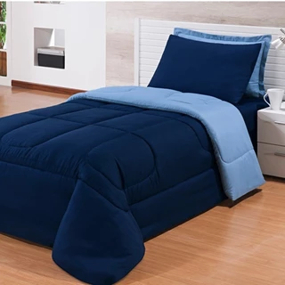 Edredom Solteiro Box Dupla Face Marinho/Azul bb Com 2 Fronhas