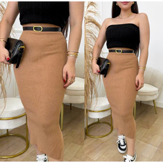 Saia Midi Trico Tricot Modal Fenda Lateral Modal Moda Look Blogueira