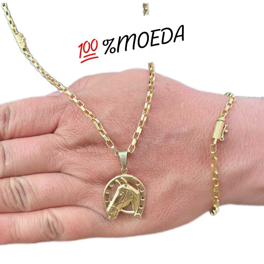 corrente colar cordão moeda antiga +pulseira+pingente ferradura cavalo