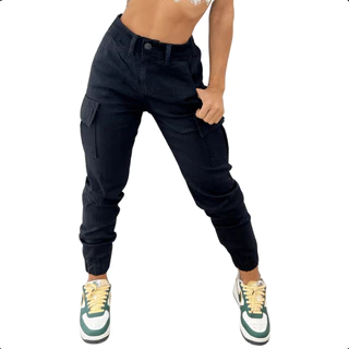 Calça Cargo Jeans Feminina Jogger Têndencia Bolso Lateral