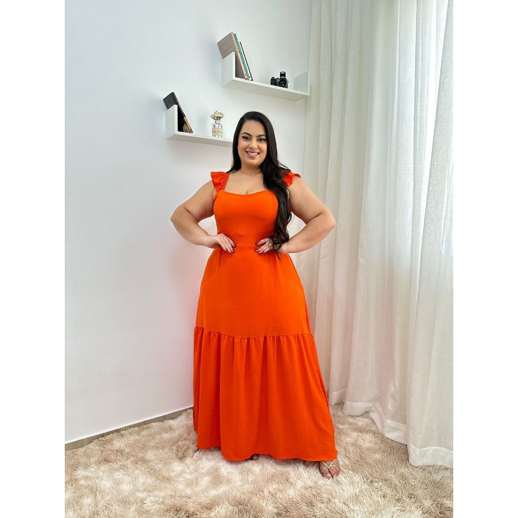 Vestido Longo Plus Size Alça Babado Lastex Costa Shopee Brasil