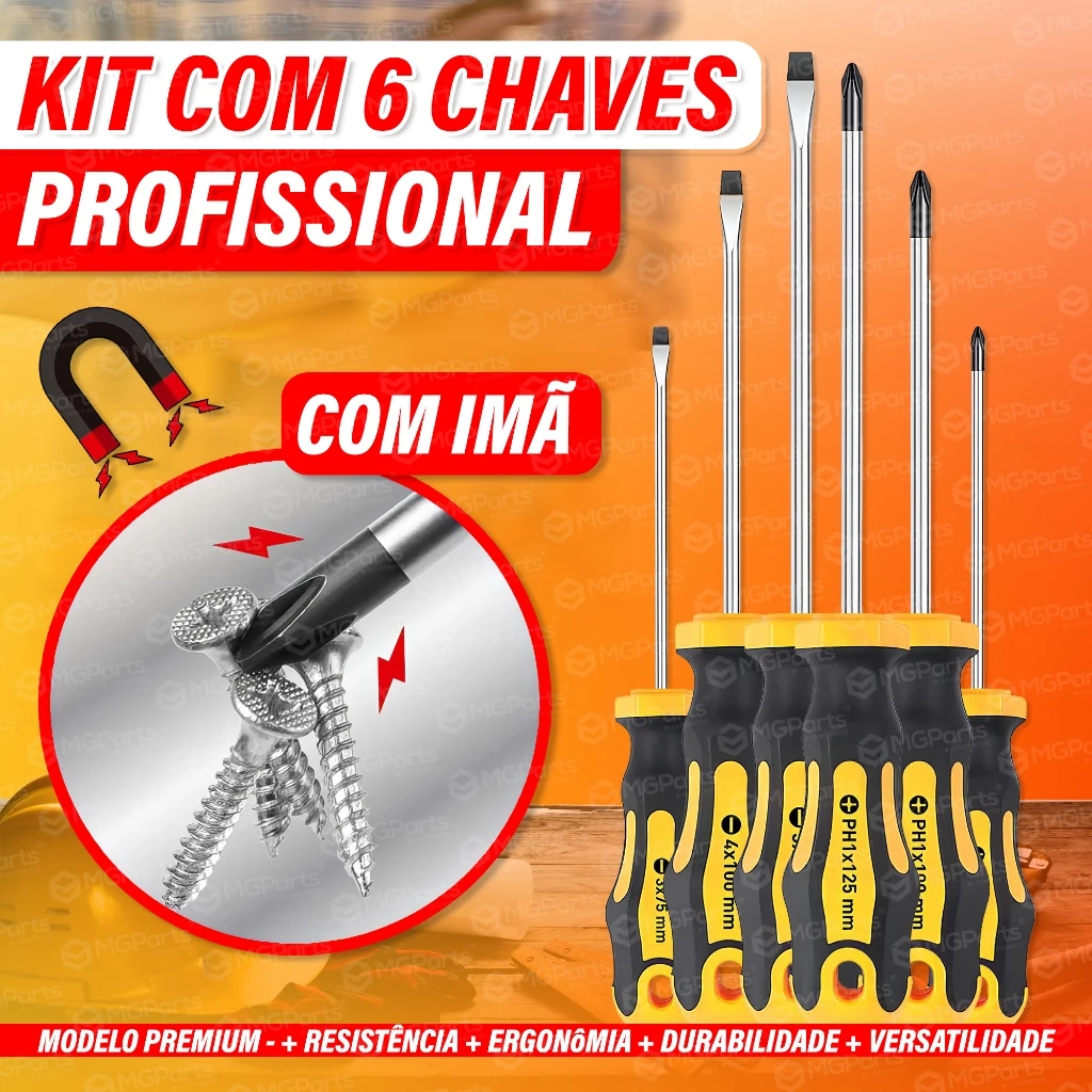 Kit 6 Chaves Fenda Philips Profissionais Imantadas Magnéticas Cabo Emborrachado