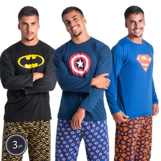 Kit 3 Pijamas Traje de Dormir Super Heroís DC Marvel Manga Comprida Calça Confortável Linha Noite Adulta Masculina 326 em Oferta na Shopee