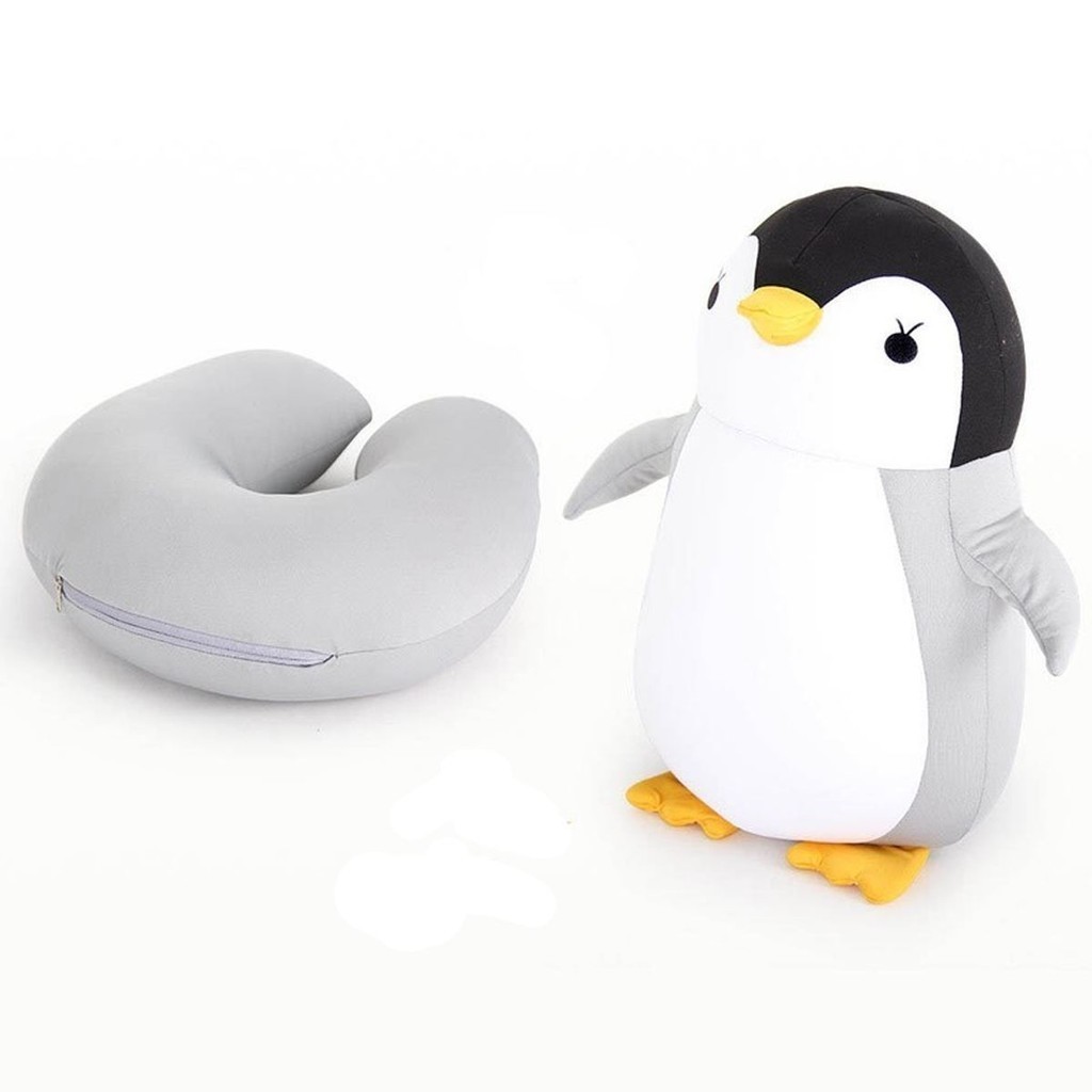 Almofada Pescoço Viagem 2 em 1 Vira Pelúcia Bicho Pinguim Gato Baleia Zíper ref: HN