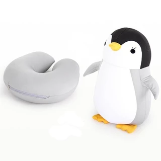 Almofada Pescoço Viagem 2 em 1 Vira Pelúcia Bicho Pinguim Gato Baleia Zíper ref: HN