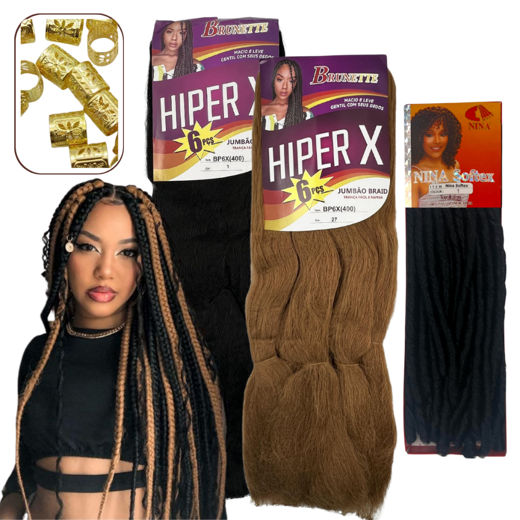 Kit 2 jumbo Black Beauty + 1 Nina Softex Cacho mais Trança Box Braid