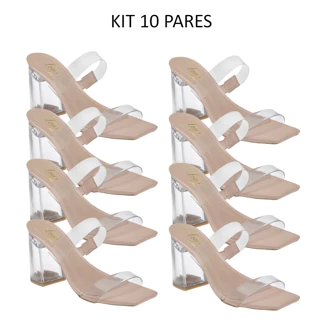 KIT 10 PARES Tamanco Feminino Transparente Sandalia Salto Grosso Alto Acrílico 156