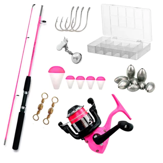 Kit de Pesca Mulher Rosa Pink Completo Molinete Vara Linha Nylon Anzol Chumbada Boia Girador Caixa Organizadora Pescaria Feminino Pesqueiro Barato