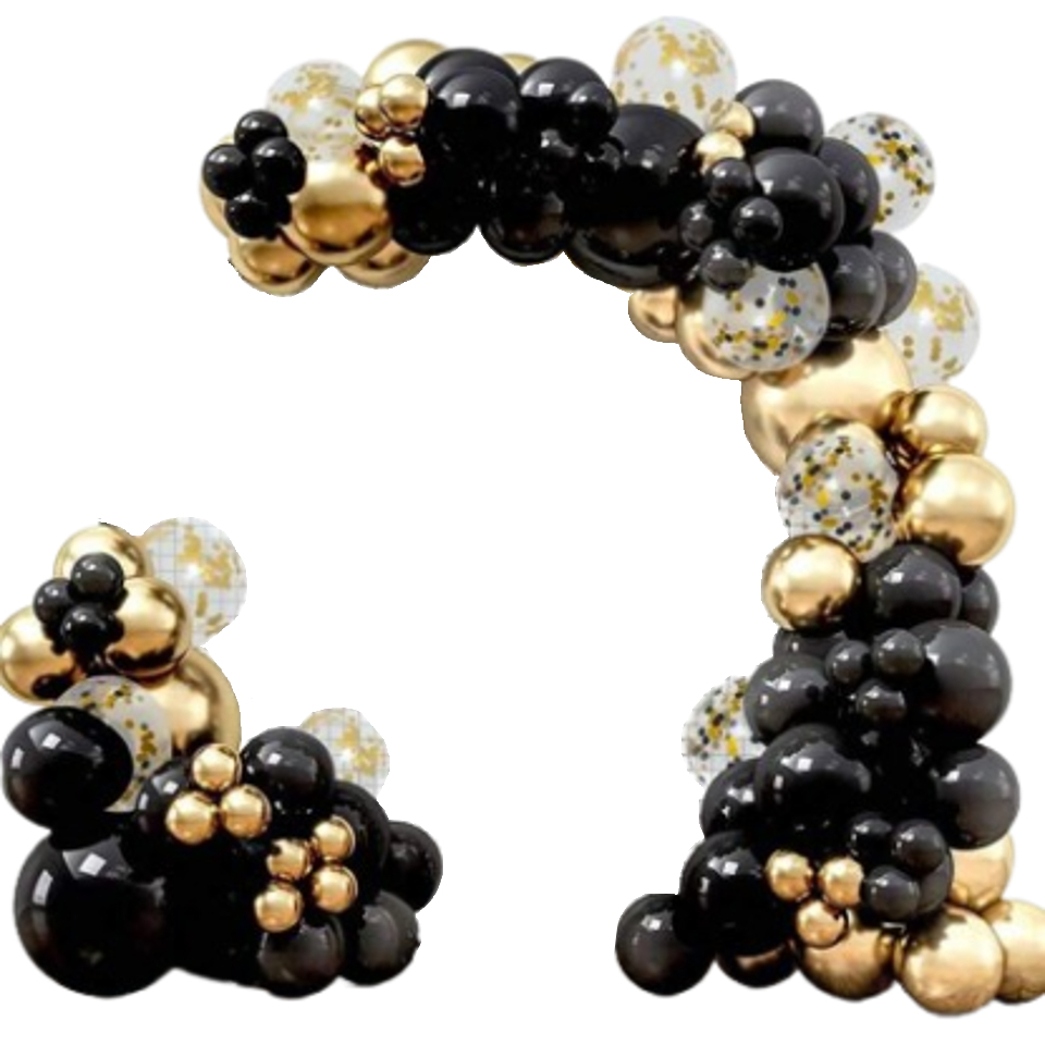 Kit Arco de Balão Preto + Dourado Metalizado + Cristal com Confete