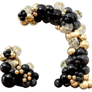 Kit Arco de Balão Preto + Dourado Metalizado + Cristal com Confete