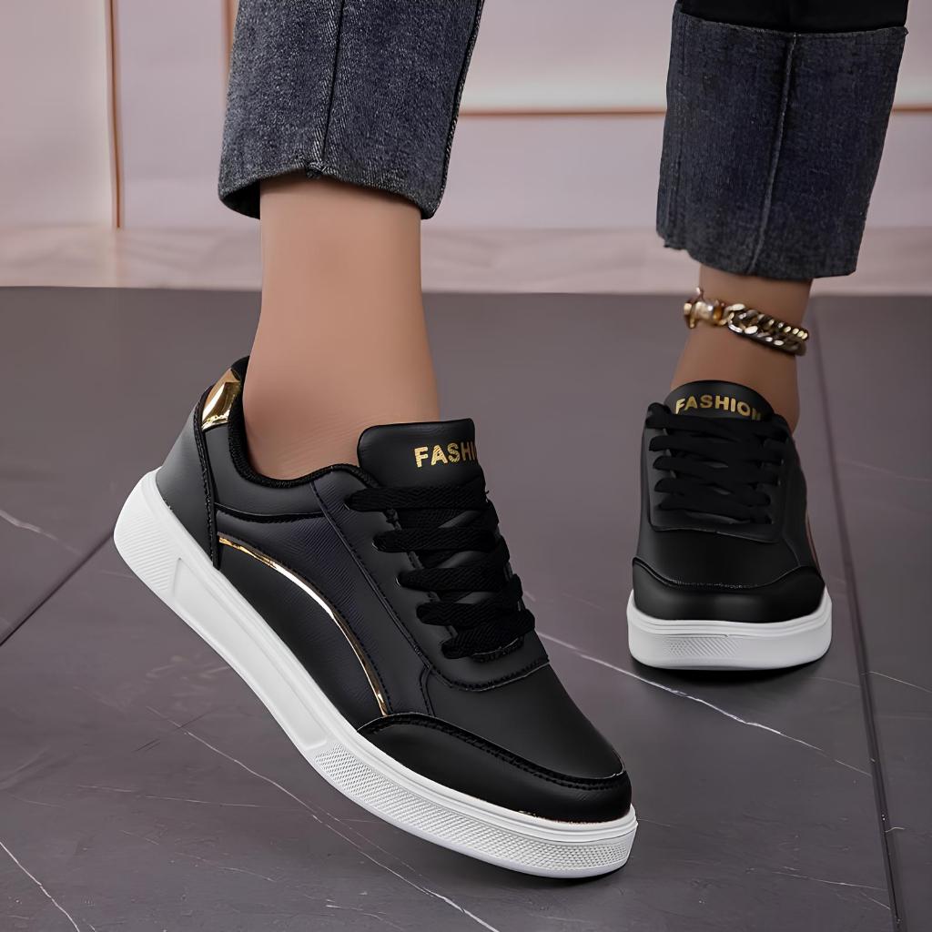 Tenis Feminino Casual Preto Dourado Retrô Clássico Original Force