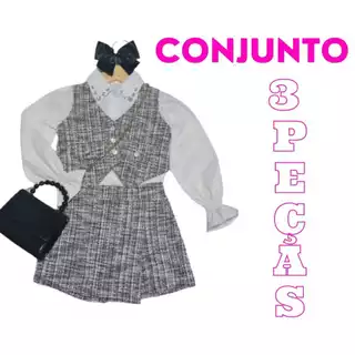 Conjunto Infantil Menina outono inverno | camisa +colete+ Shorts Saia Moda Inverno Luxo -3 Pçs