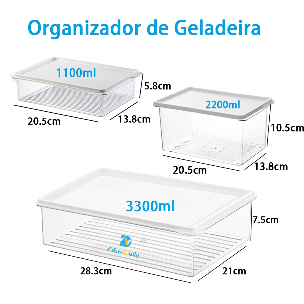 Kit 3 Organizador de Geladeira Tamanho diferentes Caixas Plásticas Com Tampa Organizadora 3300ml BC-35/36/37