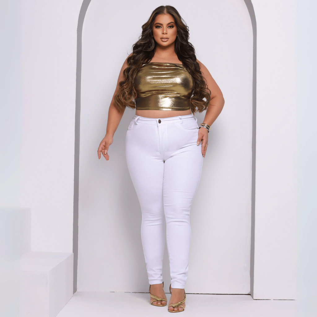 Calça Jeans Plus Size Feminina Branca Cintura Alta Lycra Strech Modela  Corpo Bumbum 48 50 52 54