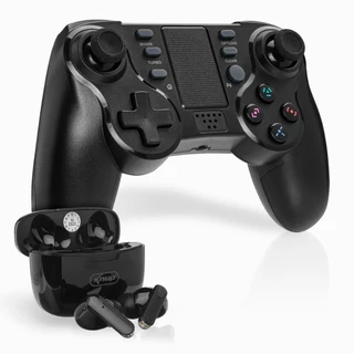Kit Controle Joystick Sem Fio Fone de Ouvido Bluetooth Wireless PS4 Playstation Analógico Vibratório