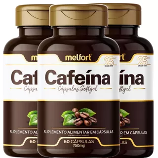 3 x Cafeína 750mg 180 Cápsulas Softgel Suplemento Pré-Treino
