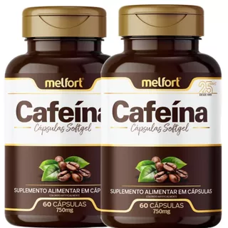 2 x Cafeína 750mg 120 Cápsulas Softgel Suplemento Pré-Treino